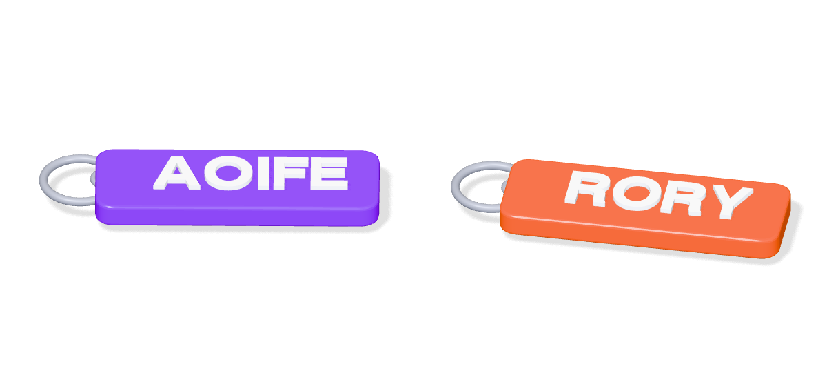 Original digital mockups of purple and orange personalised name keyrings